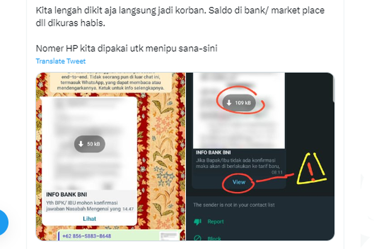 Tangkapan layar twit soal penipuan modus BNI kirim pesan WhatsApp dengan Tombol View