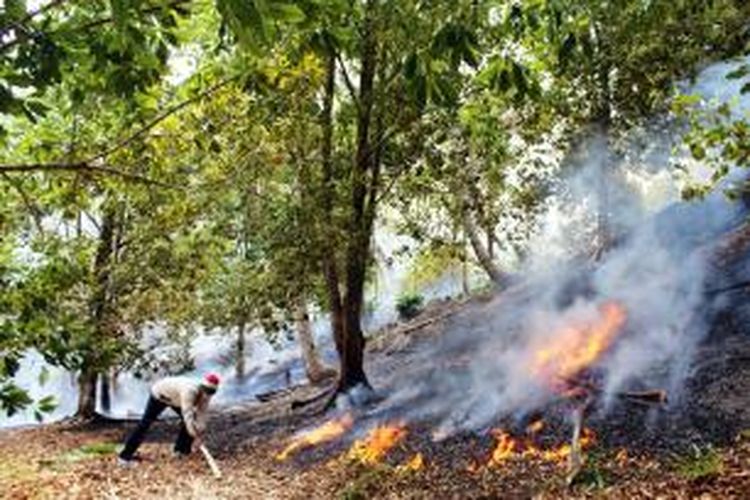 Seorang anggota Komunitas Pecinta Alam Karekelang sedang membantu memadamkan kebakaran hutan dan lahan di Kabupaten Kepulauan Talaud.