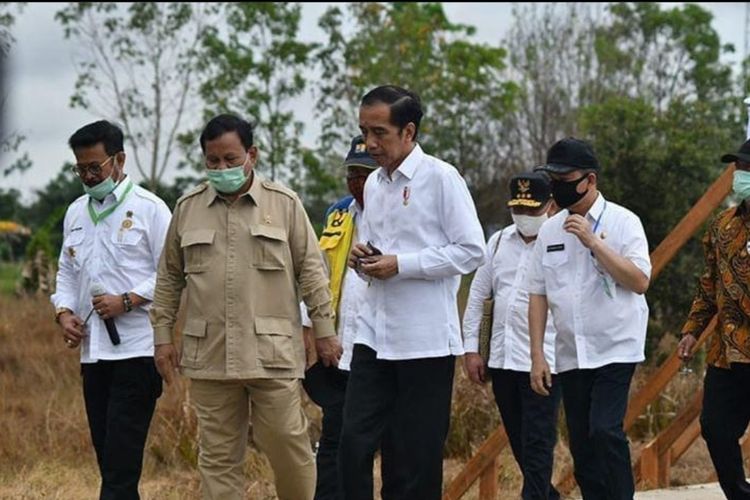 SYL, Jokowi, dan Prabowo saat meninjau lokasi pengembangan lumbung pangan di Desa Bentuk Jaya, Kecamatan Dadahup, Kabupaten Kapuas,Kamis (9/07/20).