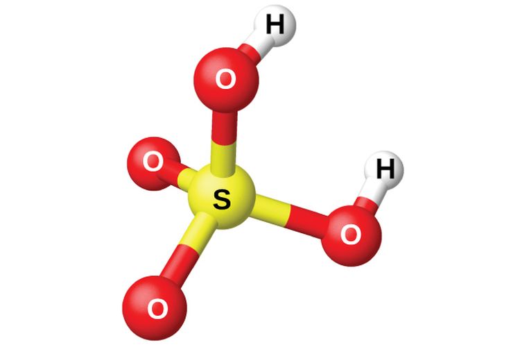 Struktur molekul asam sulfat dengan rumus kimia H2SO4 yang memiliki komposisi 2 atom hidrogen (H), 1 atom sdulfut atau belerang (S) dan 4 atom oksigen (O). 