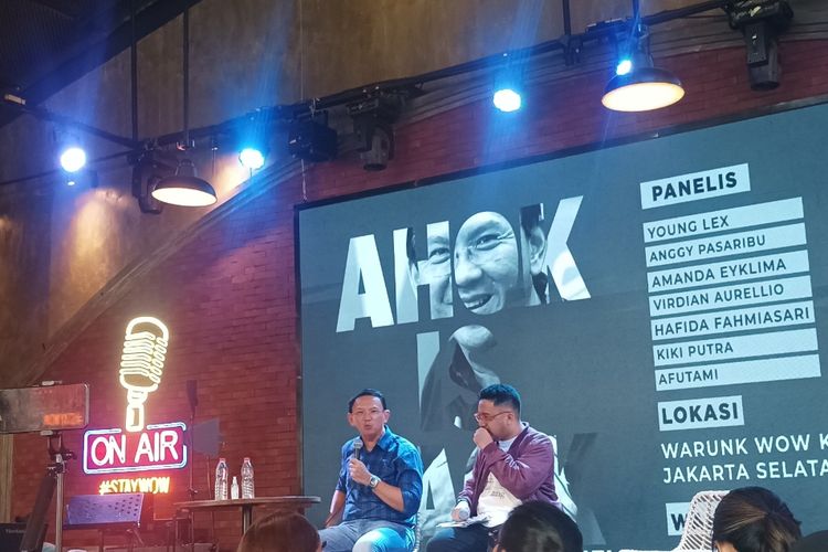 Mantan Komisaris Utama PT Pertamina, Basuki Tjahaja Purnama (Ahok) di acara Ahok is Back yang digelar di Jakarta Selatan, Kamis (8/2/2024).