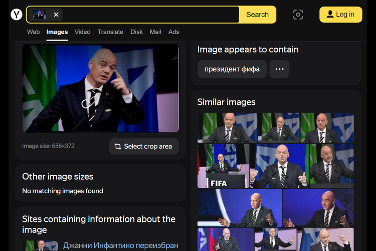 Tangkapan layar pencarian gambar di Yandex soal foto Presiden FIFA Gianni Infantino.