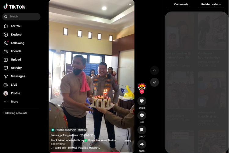 Tangkapan layar akun TikTok @humas_polres_malinau pada 23 Mei 2023, menampilkan sandiwara untuk menjahili Wakapolres Malinau yang berulang tahun.
