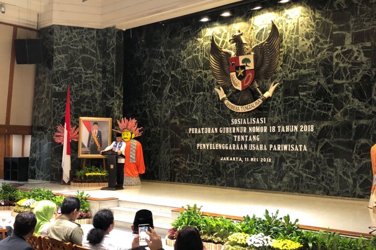 Gubernur DKI Jakarta Anies Baswedan membuka sosialisasi Pergub No 18 Tahun 2018 tentang Penyelenggaraan Usaha Pariwisata kepada pengusaha tempat hiburan, Jumat (11/5/2018). 