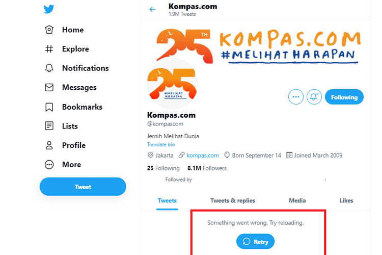 Tampilan Twitter yang error pada Kamis, 1 Juli 2021. Pengguna tidak bisa melihat profil sendiri maupun pengguna lain.