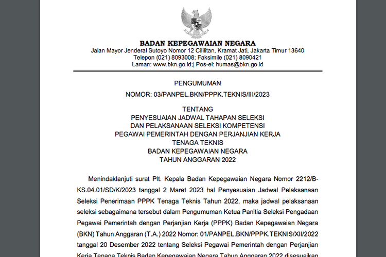 Tangkapan layar jadwal terbaru pelaksanaan seleksi kompetensi PPPK Teknis BKN tahun 2022.