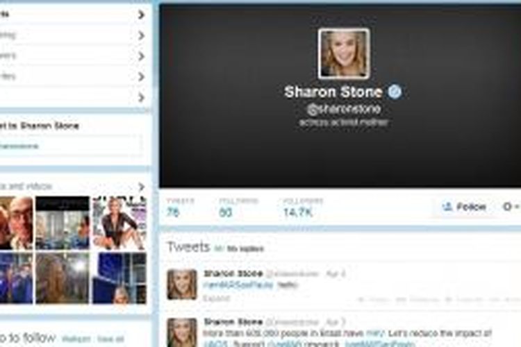 Akun Twitter Sharon Stone. Gambar diambil pada Rabu (9/4/2014) pagi.