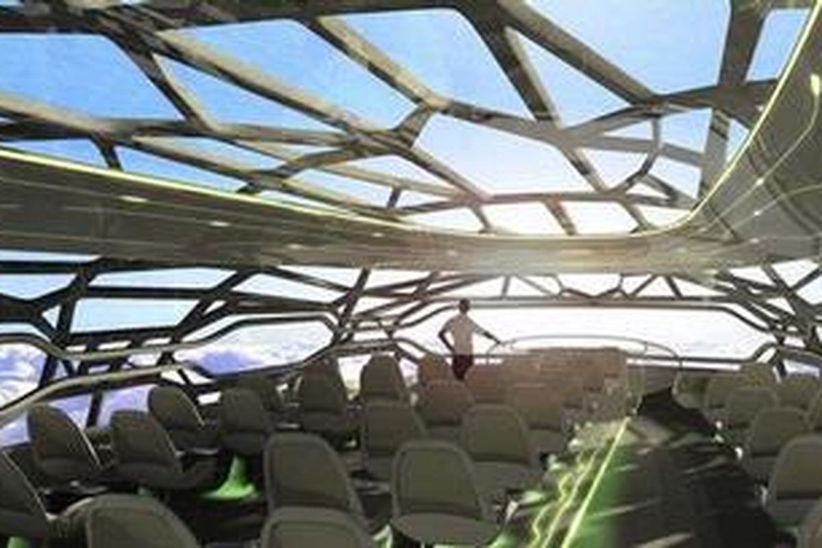 Undated handout image by Airbus released to Reuters June 14, 2011 shows a passenger looking at the panoramic view from the "vitalising zone" of their "Concept Cabin". Airbus released the series of images as part of their vision for aviation in 2050, ahead of Paris Airshow.