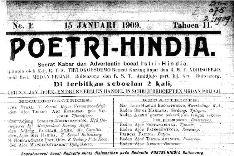 Tangkapan layar surat kabar Poetri Hindia edisi 15 Januari 1909.