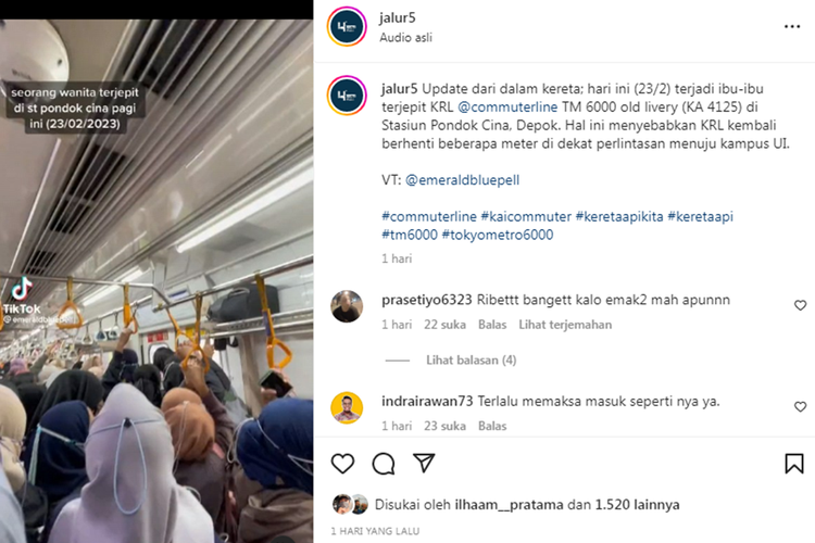 Tangkapan layar unggahan video bernarasi penumpang terjepit kereta rel listrik (KRL).