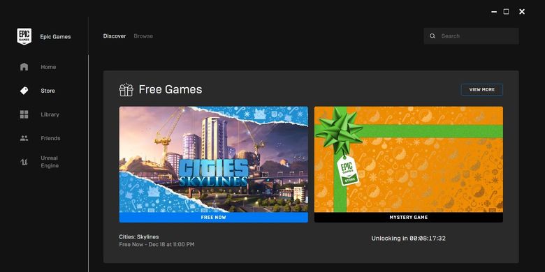 Ilustrasi aplikasi Epic Games Store yang menunjukkan tampilan Free Games.