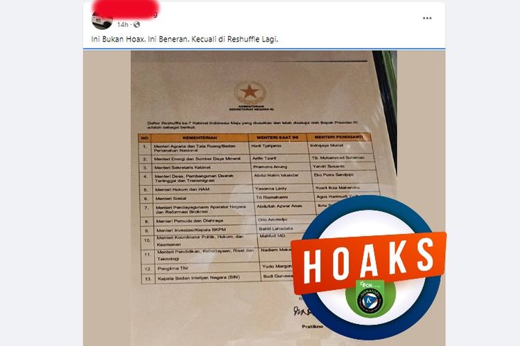 Tangkapan layar Facebook unggahan dokumen yang diklaim berisi daftar reshuffle ketujuh Kabinet Indonesia Maju