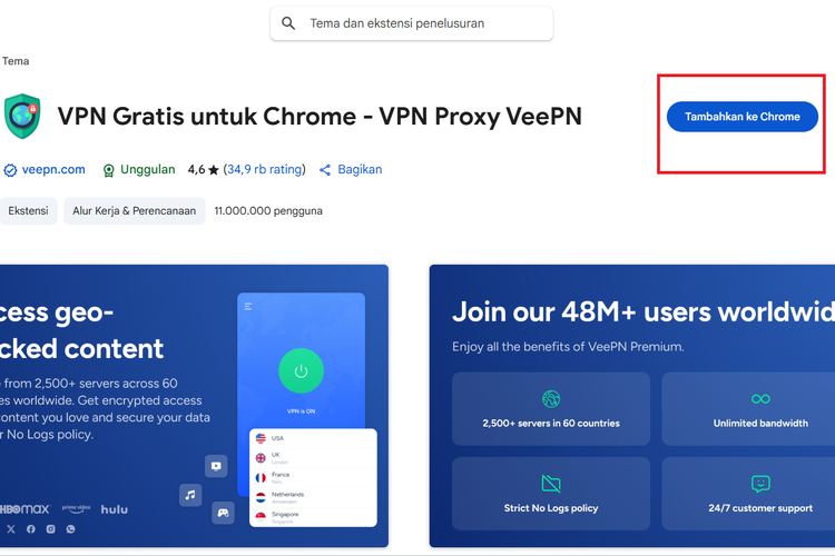 Ilustrasi cara membuat video Veo 3 dengan Gemini AI. Langkah 2 menginstal VPN dengan koneksi dari wilayah Amerika Serikat.
