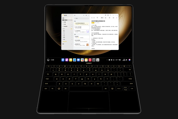Huawei MateBook Fold Ultimate Design ketika dilipat setengah dan menampilkan virtual keyboard.