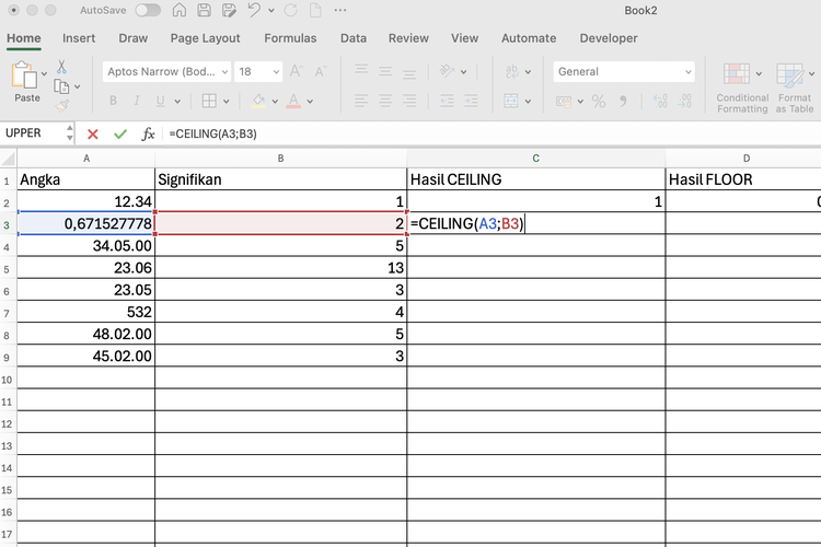 Ilustrasi rumus CEILING di Excel