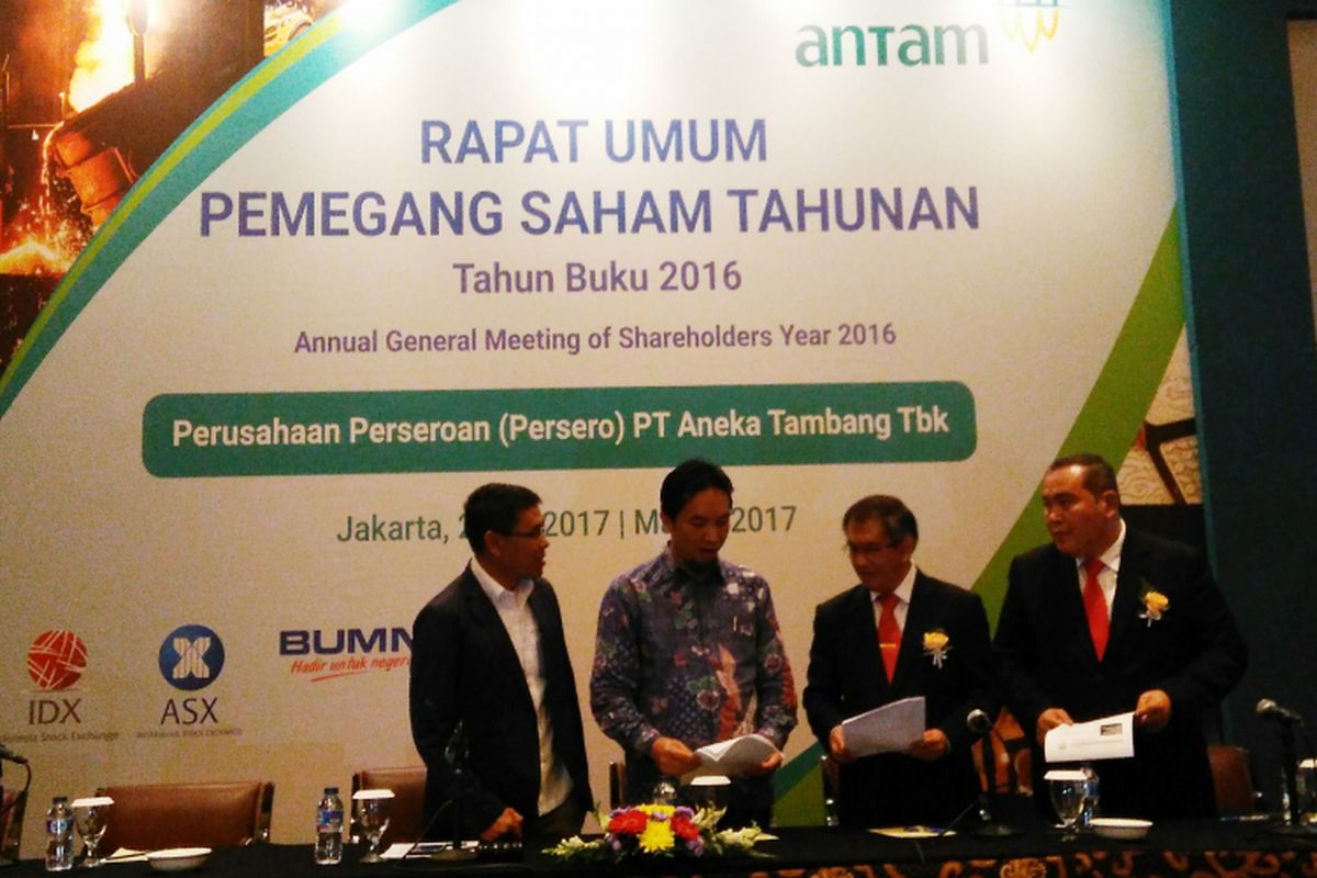 Rapat Umum Pemegang Saham Tahunan (RUPST) 2017 PT Aneka Tambang (Persero) Tbk (Antam) di Hotel Borobudur, Jakarta, Selasa (2/5/2017).