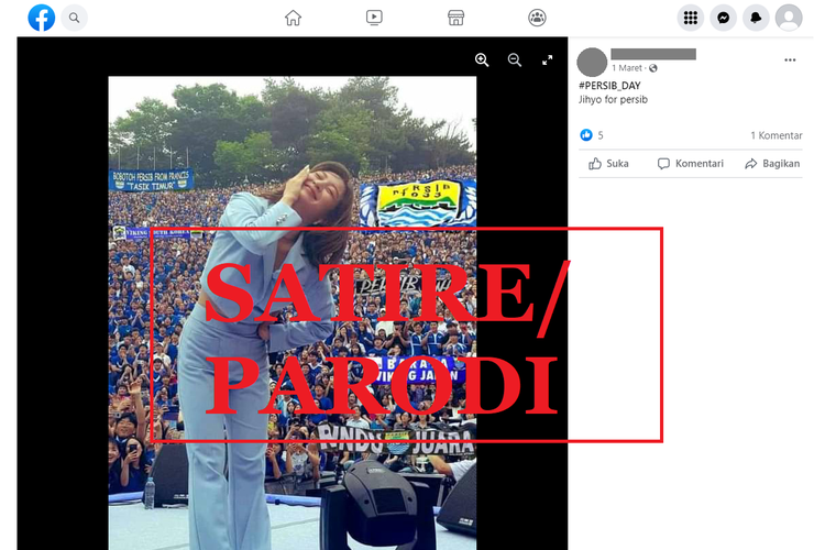 Tangkapan layar unggahan dengan narasi hoaks di sebuah akun Facebook, Selasa (1/3/2022), menampilkan foto personel Twice dengan suporter Persib.