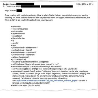Email dari Aleksandr Kogan kepada Wylie tentang sifat-sifat yang dapat diprediksi melalui aplikasi