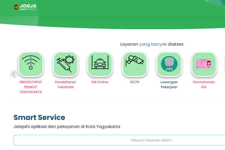 Laman Jogja Smart Service yang salah satunya menyediakan layanan pendaftaran vaksin Covid-19 untuk warga Kota Jogja.