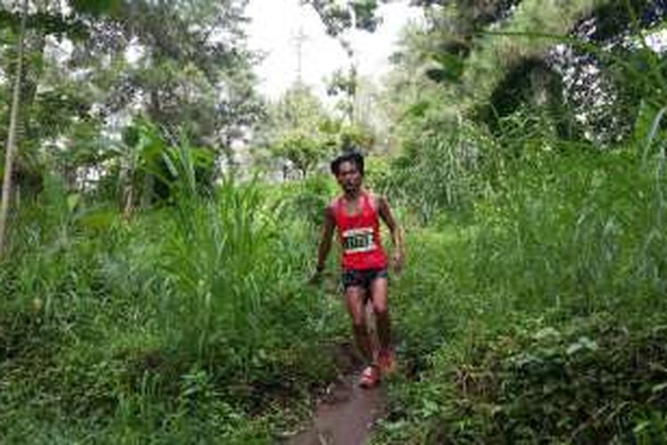 Salah satu peserta saat berlari jalur di hutan pinus lereng Gunung Arjuno - Welirang, Prigen, Kabupaten Pasuruan, Jawa Timur, Minggu (3/4/2016)
