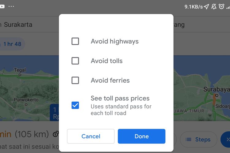 Cara mengaktifkan fitur cek tarif tol di Google Maps.