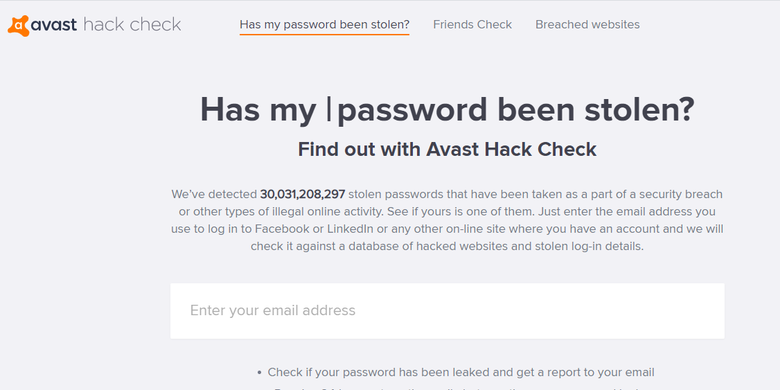Situs avast hack check, salah satu situs untuk mengecek apakah data akun kita pernah bocor atau tidak.