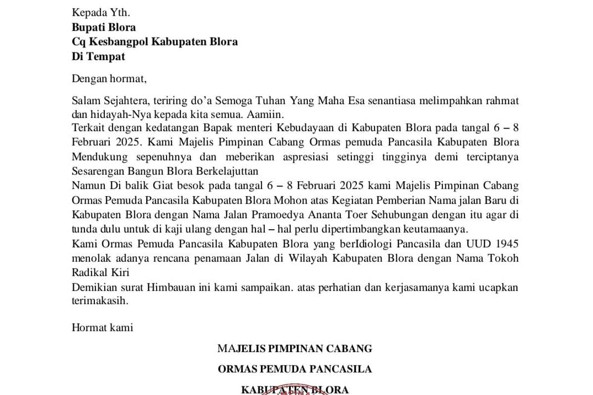 Penolakan Pemuda Pancasila dan Ditundanya Penamaan Jalan Pramoedya Ananta Toer di Blora