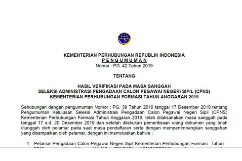 Hasil Sanggah Seleksi Administrasi CPNS 2019 Kementerian Perhubungan