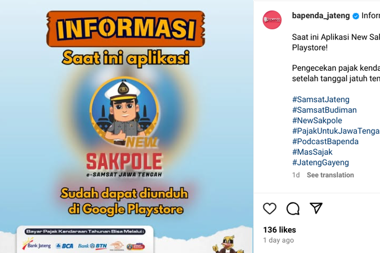 Aplikasi Samsat Online Jawa Tengah, New Sakpole, sudah bisa diakses dengan beberapa pembaruan.