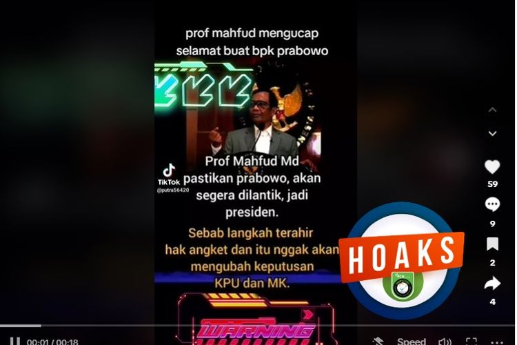 Tangkapan layar Facebook narasi yang menyebut Mahfud MD mengucapkan selama dan memastikan Prabowo akan segera dilantik menjadi presiden