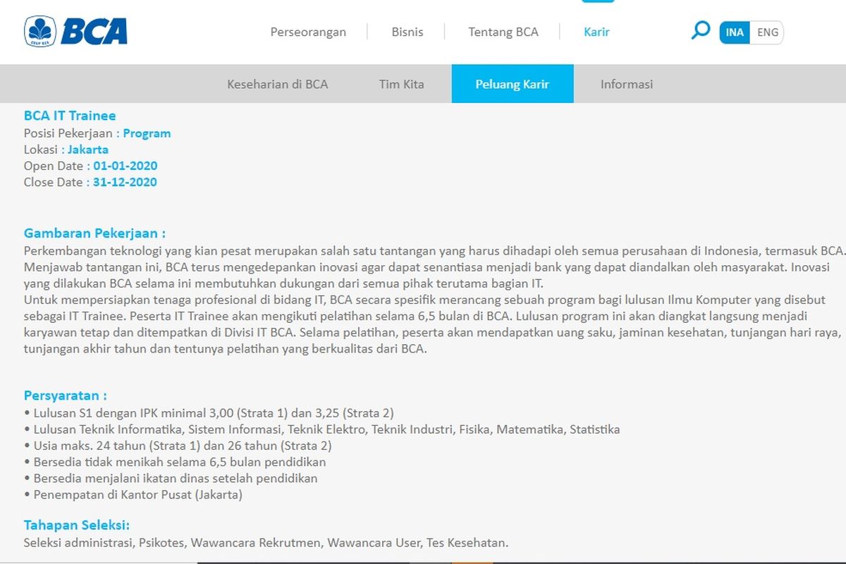 Tangkapan layar lowongan pekerjaan di wesbite BCA.