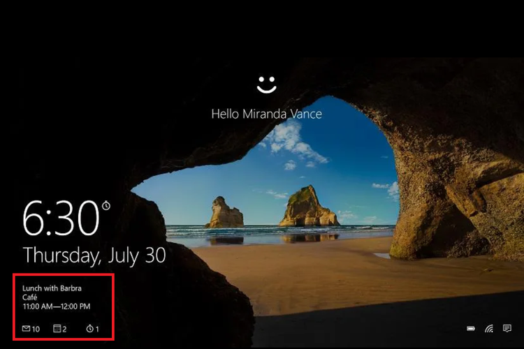 Lock screen Windows 10 dapat diatur untuk menampilkan quick settings, untuk aplikasi seperti e-mail, calendar, dll. Quick settings akan muncul di bagian bawah layar kunci (kotak merah).