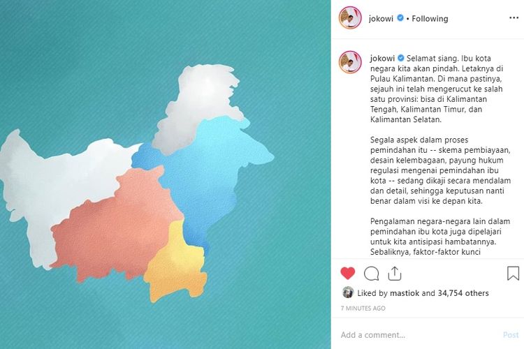 Tulisan Presiden Joko Widodo terkait rencana pemindahan ibu kota negara yang diunggah ke akun Instagram resminya, Kamis (8/8/2019).