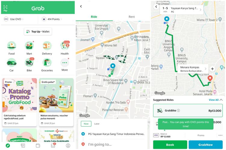 Layanan GrabBike sudah muncul di aplikasi Grab jika pengguna menggunakannya di sekitar wilayah Jakarta mulai Senin (8/6/2020). 