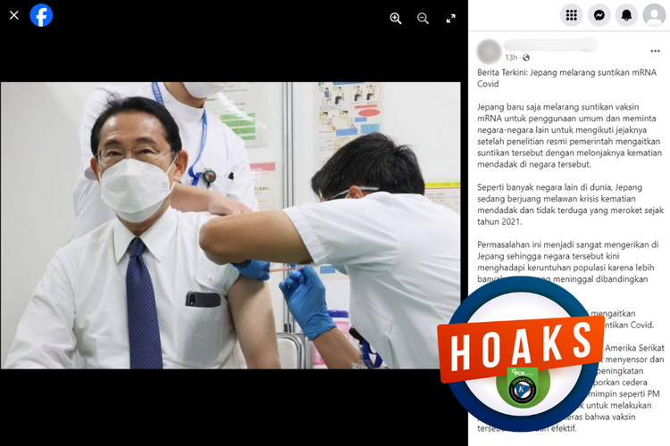 Tangkapan layar konten hoaks di sebuah akun Facebook, Rabu (27/3/2024), Jepang melarang suntikan vaksin Covid-19 berbasis mRNA.