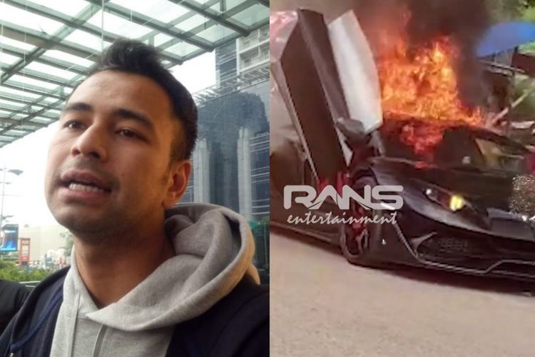 Raffi Ahmad dan Lamborghini Aventador miliknya yang terbakar.