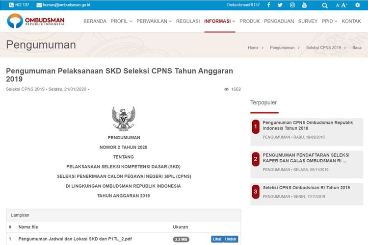 Jadwal dan Lokasi SKD CPNS Ombudsman 2019