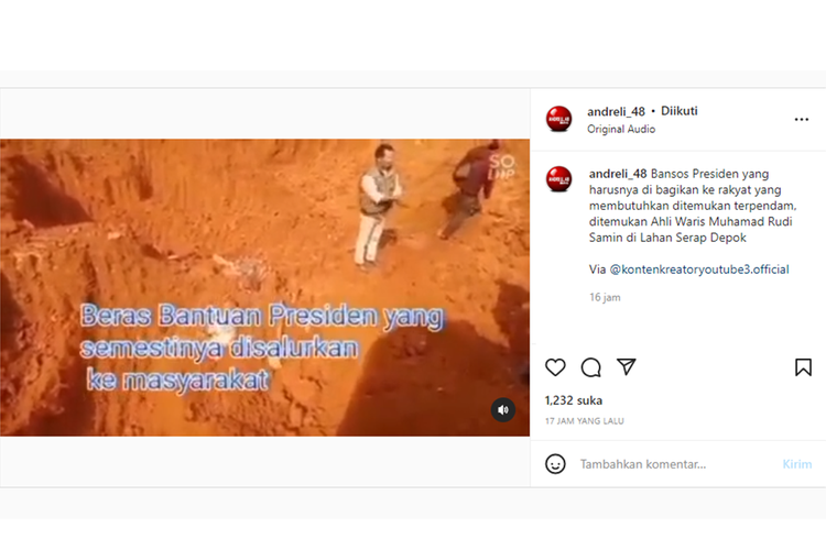 Tangkapan layar unggahan video bernarasi bantuan sosial atau bansos Presiden Joko Widodo (Jokowi) ditimbun di sebuah lahan tanah di Kota Depok .