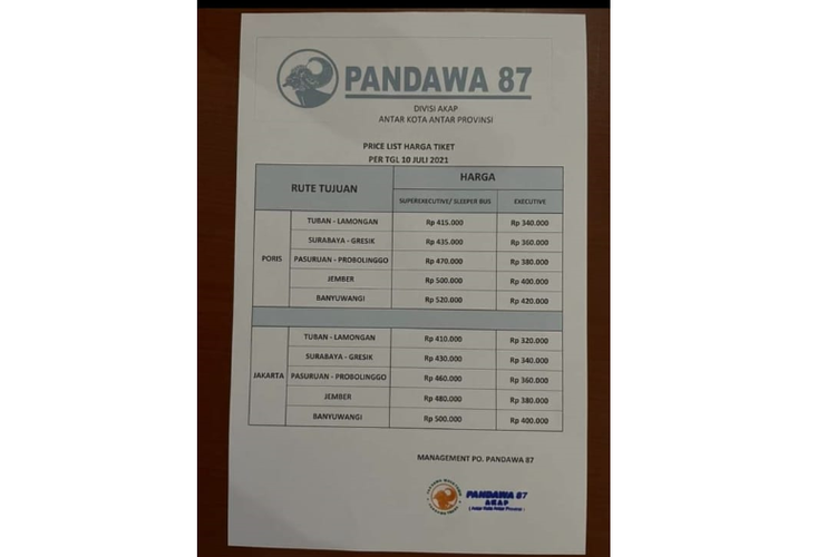 Tiket bus AKAP Pandawa 87