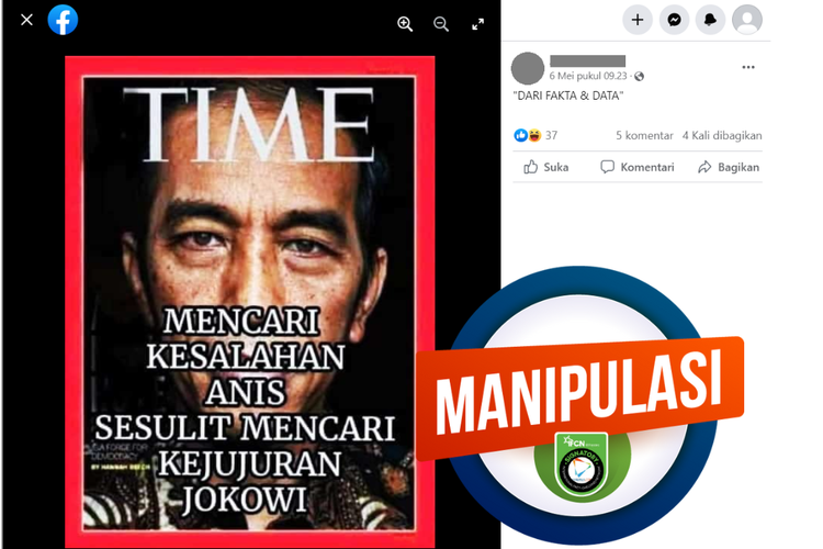 Tangkapan layar konten manipulasi di sebuah akun Facebook, Sabtu (6/5/2023), soal sampul majalah Time dengan gambar sampul Jokowi, membahas soal Anies Baswedan.