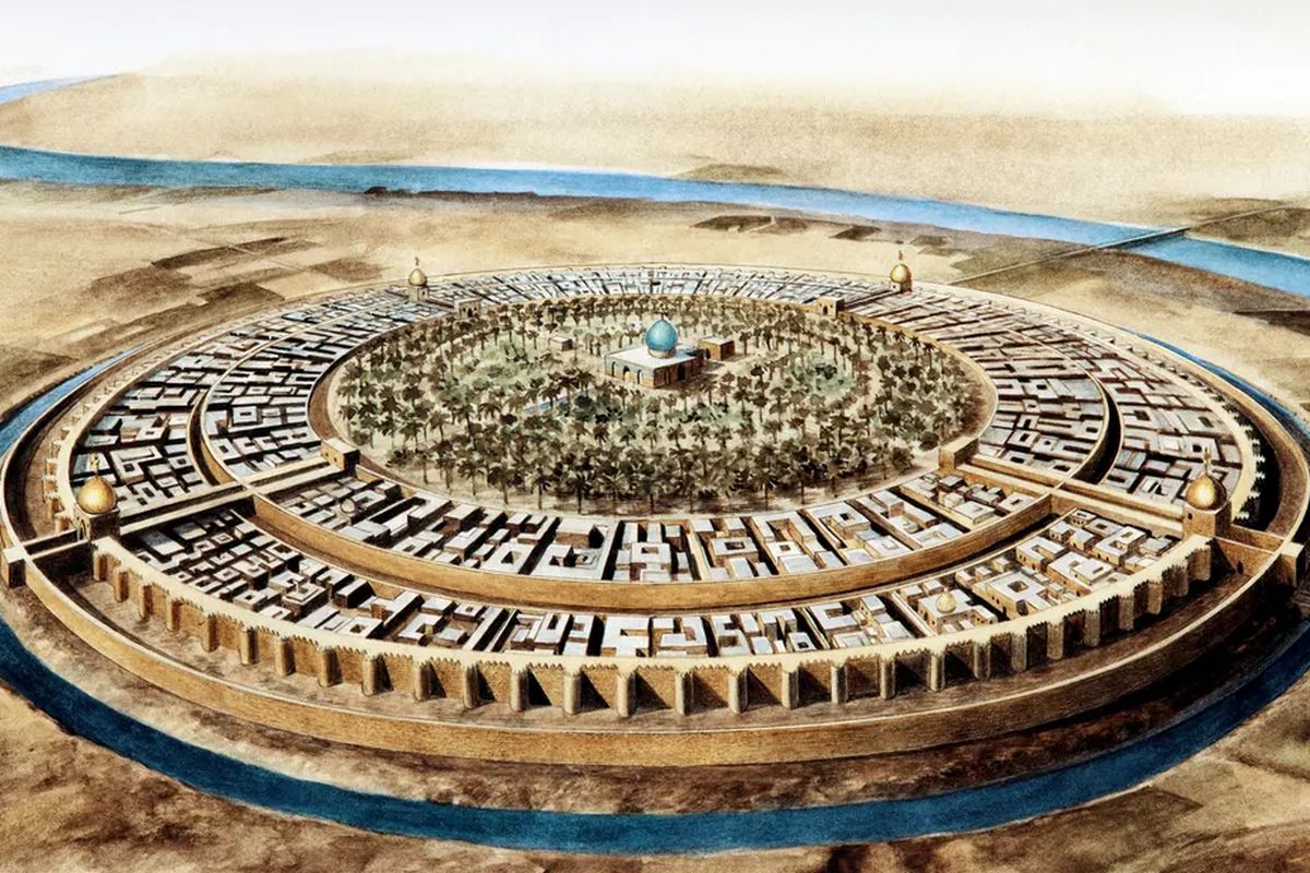 Ilustrasi Kota Baghdad pada abad ke-10 di masa keemasan Kekhalifahan Abbasiyah.