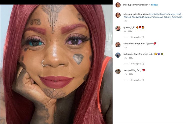 Tangkapan layar dari akun Instagram @inkedup_britishjamaican yang menunjukkan wanita bernama Anaya Peterson dilaporkan berpotensi menjadi buta setelah menato bola matanya dengan warna biru dan ungu.
