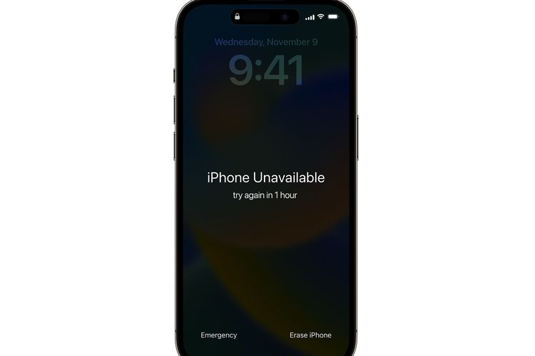 Ilustrasi pesan iPhone Tidak Tersedia atau iPhone Unavailable yang muncul di layar kunci perangkat.