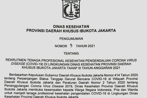 Rekrutmen Nakes di DKI Jakarta untuk Pengendalian Covid-19, Ini Informasi Lengkapnya!