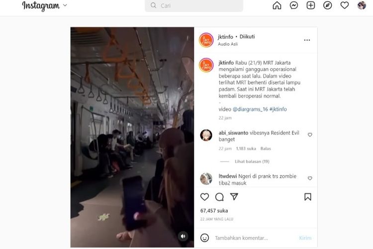 Terjadi gangguan operasional pada rangkaian MRT Jakarta pada Rabu (21/9/2022) pukul 20.41 WIB dan gangguan berhasil ditangani selama 8 menit. Pihak MRT Jakarta masih menyelidiki penyebab permasalahan. Kejadian ini terekam pada video yang diunggah akun Instagram @jktinfo.