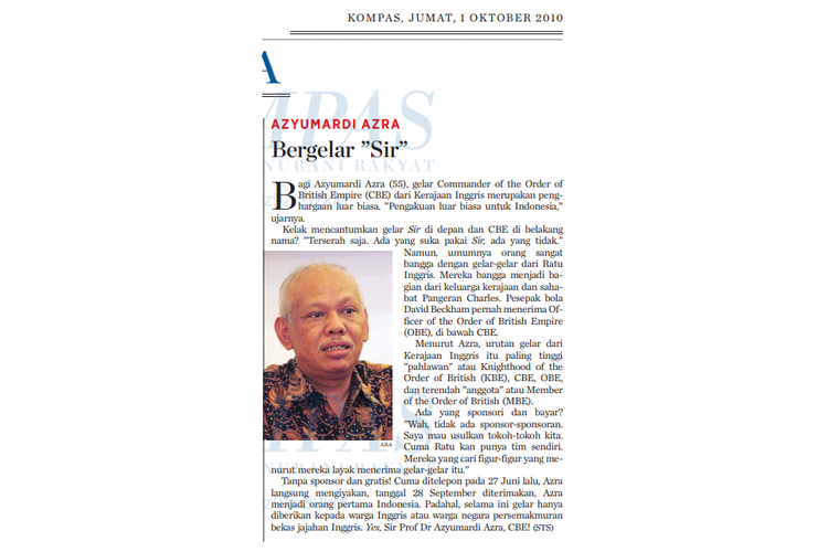 Tangkap layar artikel harian Kompas edisi 1 Oktober 2010 yang memberitakan pemberian gelar CBE untuk Azyumardi Azra.