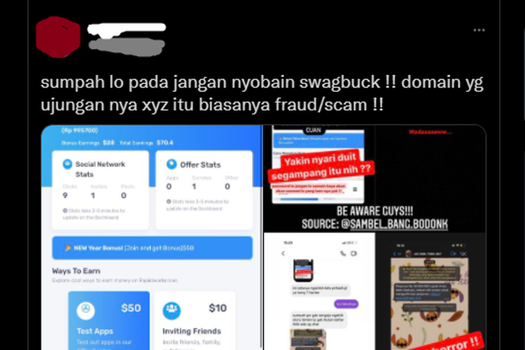 Tangkapan layar twit yang menyebut adanya risiko pada situs berdomain xyz.