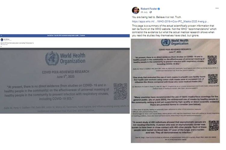 Tangkapan layar informasi yang menyebutkan dokumen WHO tidak menganjurkan penggunaan masker. Informasi ini hoaks.