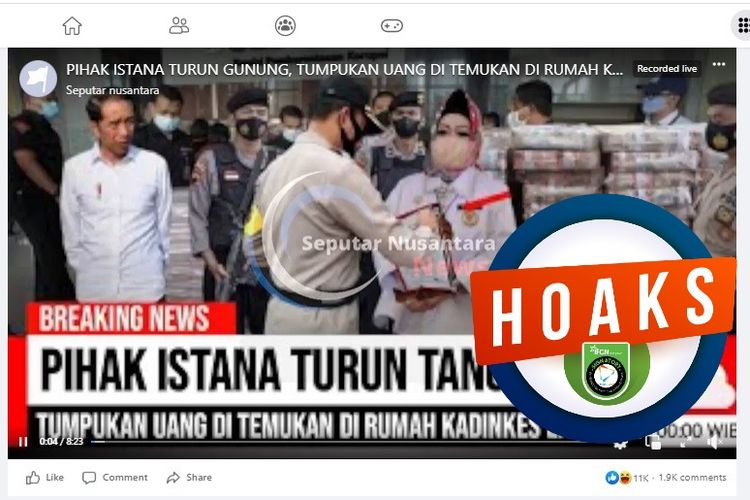 Tangkapan layar Facebook narasi yang menyebut bahwa ditemukan tumpukan uang di rumah Kadinkes Lampung, Reihana