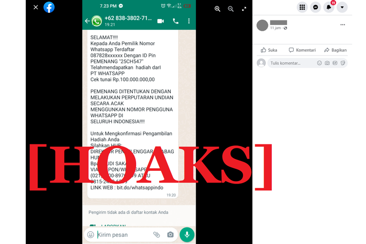 Tangkapan layar unggahan hoaks di sebuah akun Facebook, berisi pesan mengatasnamakan PT WhatsApp yang membagikan cek tunai Rp 100 juta.